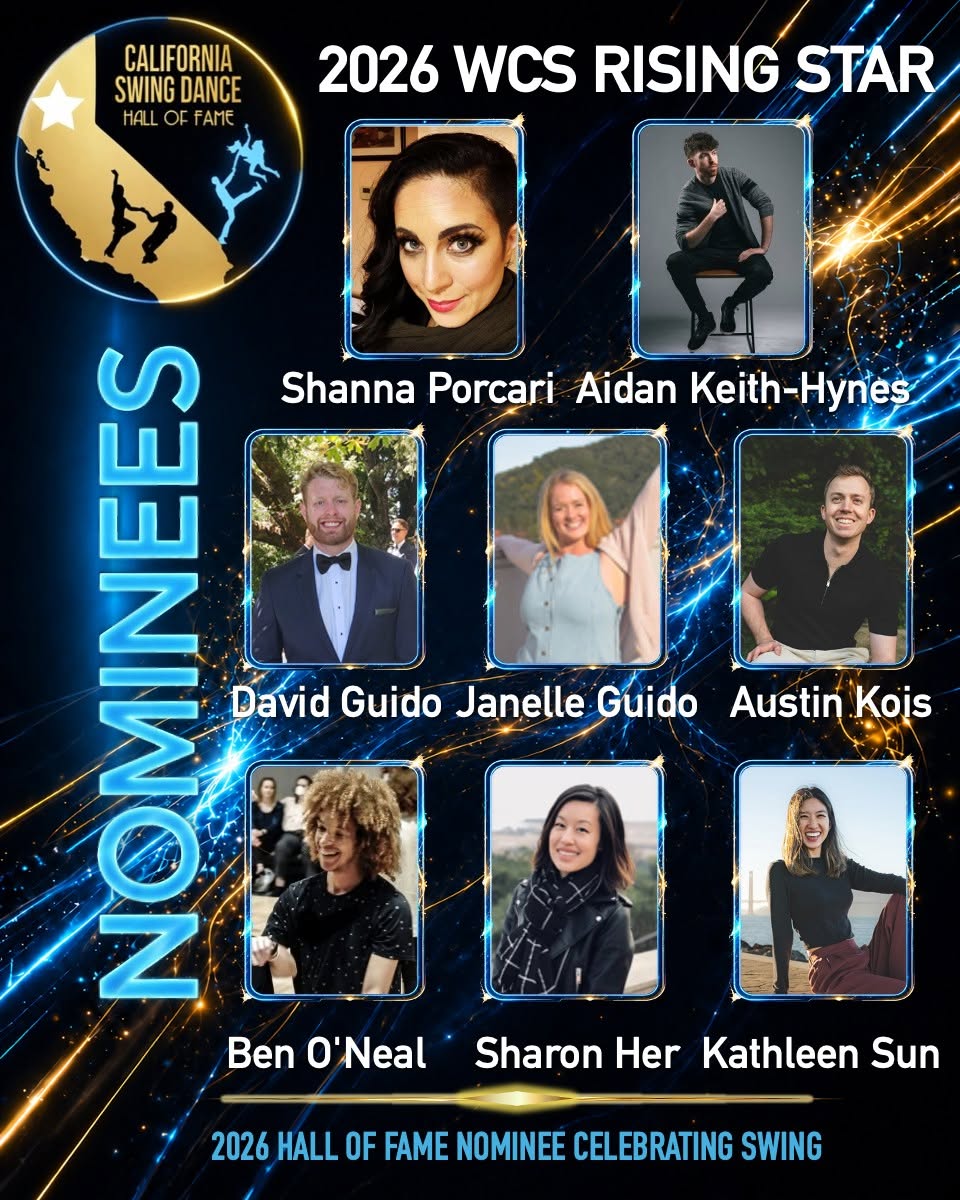 2026 West Coast Swing Rising Star nominee graphic showing Shanna Porcari, Aidan Keith-Hynes, David Guido, Janelle Guido, Austin Kois, Ben O'Neal, Sharon Her, and Kathleen Sun