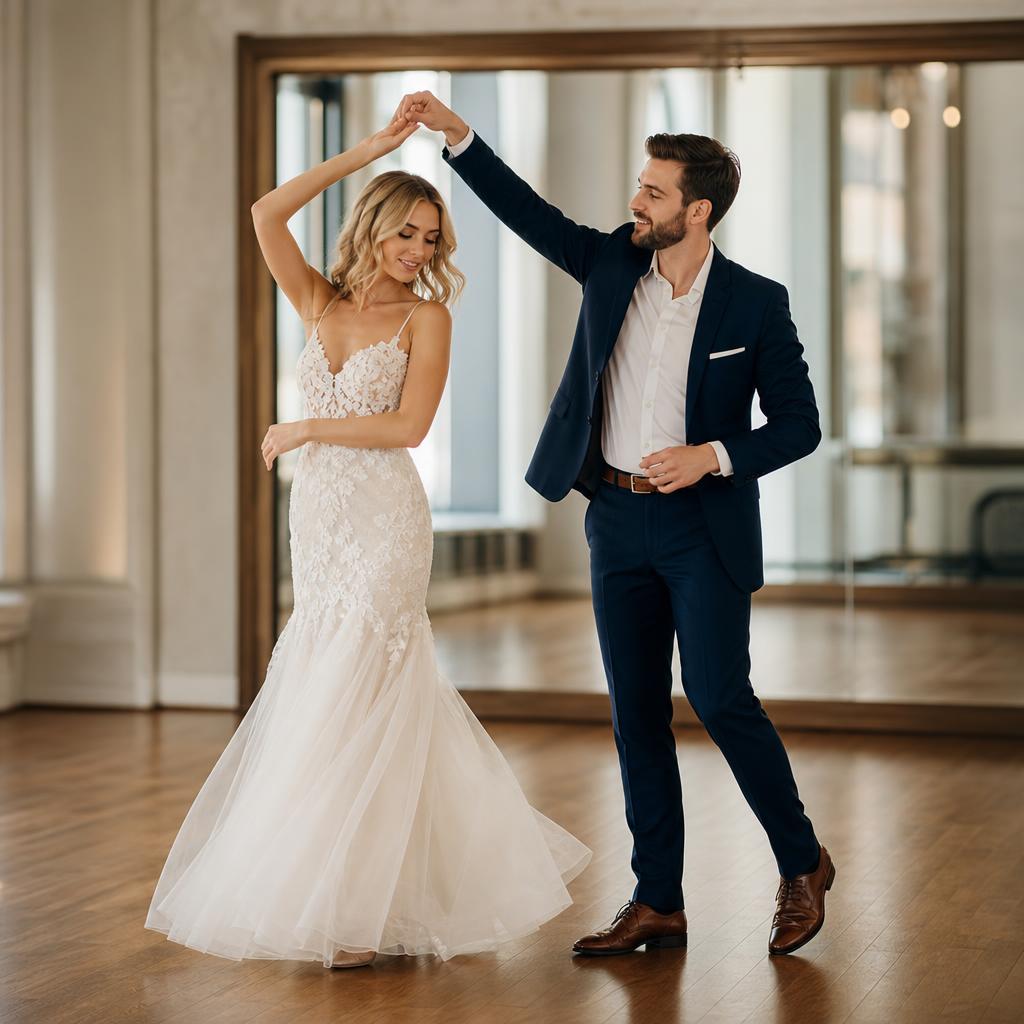 Newlywed couple rehearsing a turn for their first dance